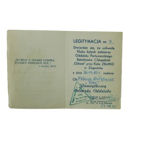 Legitymacja Odznaki Pamiątkowej Oddziału Partyzanckiego Batalionów Chłopskich Odwet , datowana 17.08.1985r., legitymacja nr 9
