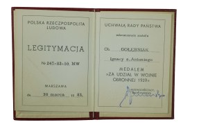 Legitimation Medal for Participation in the 1939 Defensive War , dated March 30, 1983,