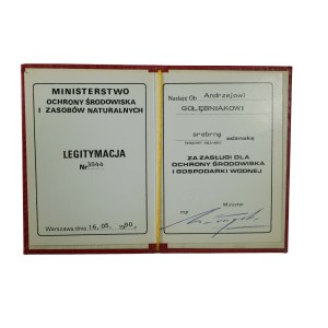 Legitymacja SREBRNA ODZNAKA Za Zasługi dla Ochrony Środowiska i Gospodarki Wodnej , datowana 16.05.1990r.