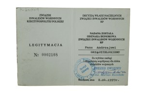 Legitimation Badge of Honor of the Union of War Veterans of the Republic of Poland , dated 8.04.1997.