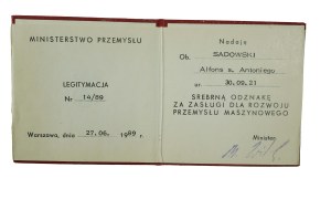 Legitimation Silver Badge for Merits for the Development of the Engineering Industry , dated 27.06.1989.