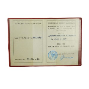 Legitymacja Brązowy Medal za Zasługi dla Obronności Kraju [dla kobiety] , datowana 25.09.1980r.