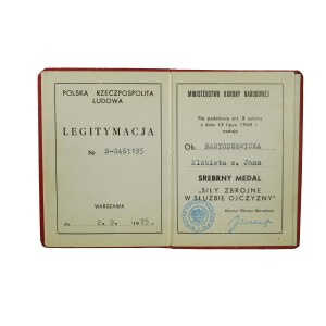 Legitymacja Srebrny Medal Siły Zbrojne w Służbie Ojczyzny [dla kobiety], datowana 2.9.1975r.