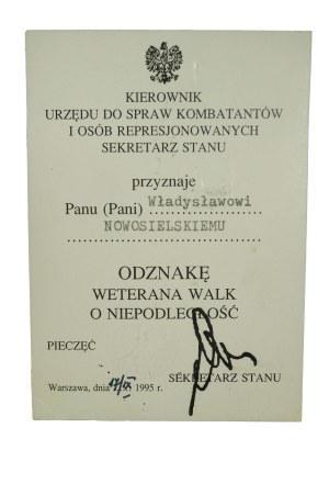Legitimation Badge Veteran of the Struggle for Independence , dated 17.IX.1995.