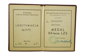 Legitymacja Medal XX-lecia LZS , dated 10.X.1966r.