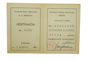 Legitimation Gold Badge of Reconstruction of Warsaw , dated December 4, 1963.