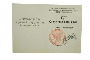 Legitimation Commemorative Badge on the occasion of the 20th anniversary of the 76th Air Defense Missile Squadron.