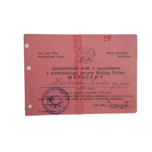 Uczestnikowi walk o wyzwolenie z niemieckiego jarzma Stolicy Polski Warszawy PODZIĘKOWANIA Marszałka Stalina, 18 stycznia 1945r.
