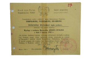 To a participant in the battles for the capture of the cities of West Pomerania: Tempelburg, Falkenburg, Dramburg THANK YOU from Marshal Joseph Stalin, March 1945