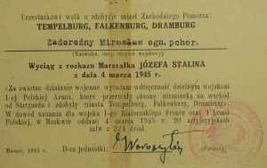 To a participant in the battles for the capture of the cities of West Pomerania: Tempelburg, Falkenburg, Dramburg THANK YOU from Marshal Joseph Stalin, March 1945
