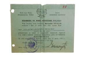 Commander-in-Chief of the Red Army, Marshal Stalin expresses CONGRATULATIONS for the capture of Kolobrzeg, by order dated March 18, 1945.