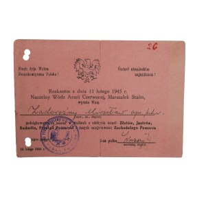 J. Stalin PODZIĘKOWANIE za udział w walkach o: Złotów, Jastrów, Rederitz, Frydląd Pomorski , 15.II.1945 , autograf dowódcy 5 pułku artylerii ciężkiej, RZADKIE