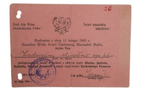 J. Stalin ACKNOWLEDGMENT for participation in the battles for: Zlotow, Jastrow, Rederitz, Frydląd Pomorski , 15.II.1945 , autograph of the commander of the 5th heavy artillery regiment, RARE