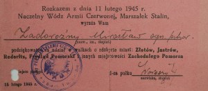J. Stalin ACKNOWLEDGMENT for participation in the battles for: Zlotow, Jastrow, Rederitz, Frydląd Pomorski , 15.II.1945 , autograph of the commander of the 5th heavy artillery regiment, RARE