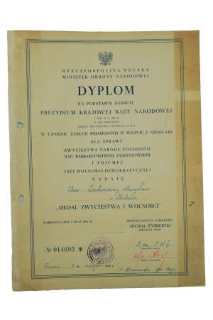 Diploma Victory and Freedom Medal to Ensign Miroslaw Zadorozny, 9.V.1946