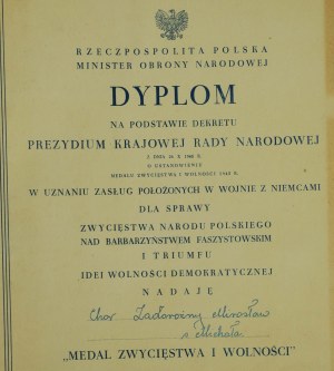 Diploma Victory and Freedom Medal to Ensign Miroslaw Zadorozny, 9.V.1946