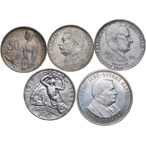 Tschechoslowakei, Satz von 50, 100 Kronen 1944-1951 (5 St.).