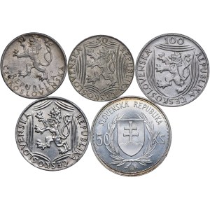 Tschechoslowakei, Satz von 50, 100 Kronen 1944-1951 (5 St.).