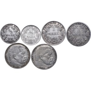 Niemcy, zestaw 1/2, 1, 2 marki 1875-1939 (6szt.)