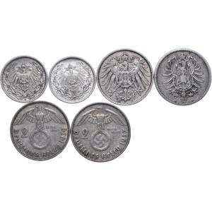 Niemcy, zestaw 1/2, 1, 2 marki 1875-1939 (6szt.)