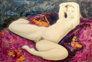 Alain Bonnefoit (b.1937), Nude in pink bedding