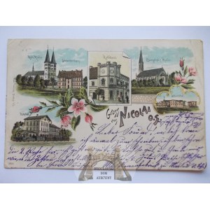 Mikołów, Nicolai, litografia, dworzec, ratusz, rzeźnia, 1900
