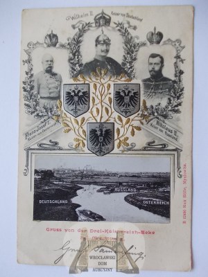 Myslowice, Myslowitz, triangle of 3 emperors, embossed coats of arms, rulers, 1901