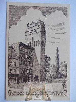 Neisse, Neisse, Breslau tower, graphic, circa 1920.