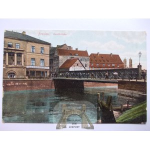Wrocław, Breslau, most Piaskowy, zabudowa wyspy Piaskowej, ok. 1910