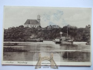 Lubiaz, Leubus, Oder River, tugboat and barges, 1943