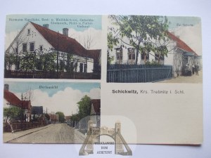 Szczytkowice near Trzebnica, school, store and bakery, street, ca. 1910