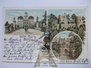 Książ, Furstenstein, castle, lithograph, knight, 1901