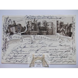 Książ, Furstenstein, jednobarwna litografia, zamek, 1903
