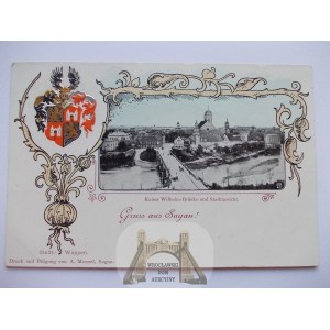 Żagań, Sagan, panorama, toczony herb, ok. 1900