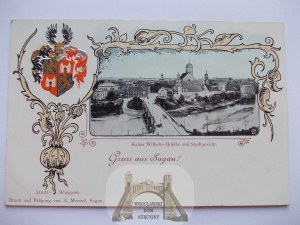 Żagań, Sagan, panorama, turned coat of arms, ca. 1900.