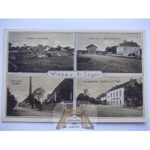 Wymiarki k. Żagań, huta szkła, dworzec, ulica, 1930