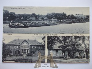 Dłusko near Skwierzyna, Miedzyrzecz, palace, inn, barges on watch, ca. 1914