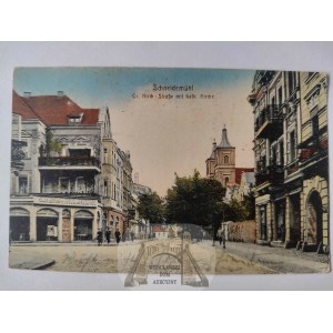 Piła, Schneidemuhl, ulica, kościół ok. 1918
