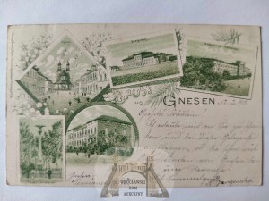 Gniezno, Gnesen, green lithograph, 5 views 1900