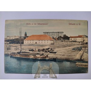 Świecie, Schwetz, nad Czarną Wodą, barka, wozy ok. 1910