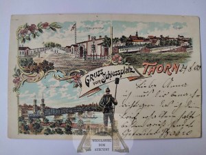Torun, Thorn, barracks, bridge, soldier, lithograph 1900