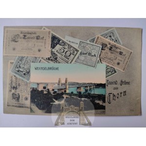 Toruń, Thorn, most, banknoty, kolaż ok. 1910