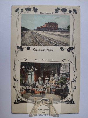 Torun, Thorn, railway station, station restaurant, Art Nouveau vignette 1908