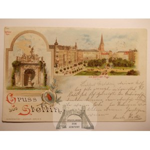 Szczecin, Stettin, brama berlińska, plac, litografia, 1899