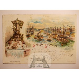Szczecin, Stettin, port, litografia, 1900