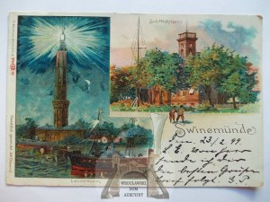 Swinoujscie, Swinemunde, harbor master's office, lighthouse, lithograph, 1899