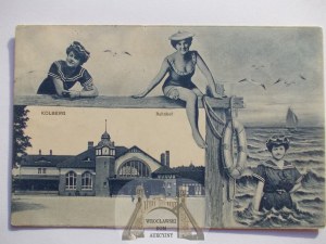 Kolobrzeg, Kolberg, train station, collage, bather, 1907