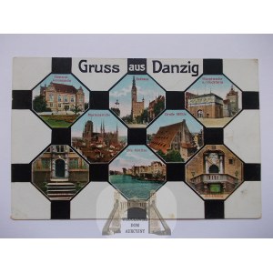 Gdańsk, Danzig, mozaika 8 widoków, kafelki ok. 1915