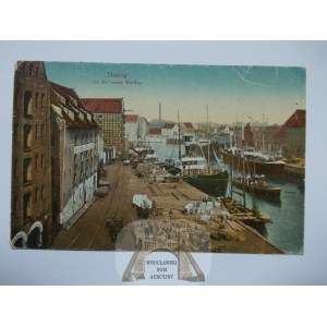 Gdańsk, Danzig, Nowa Motława, załadunek statków ok. 1920