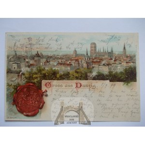 Gdańsk, Danzig, panorama, pieczęć, litografia 1899